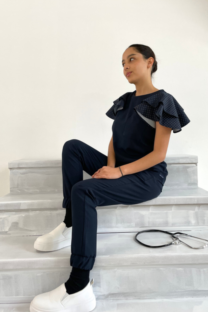 FAHMEEDA SET NAVY POLKA DOT CONTRAST